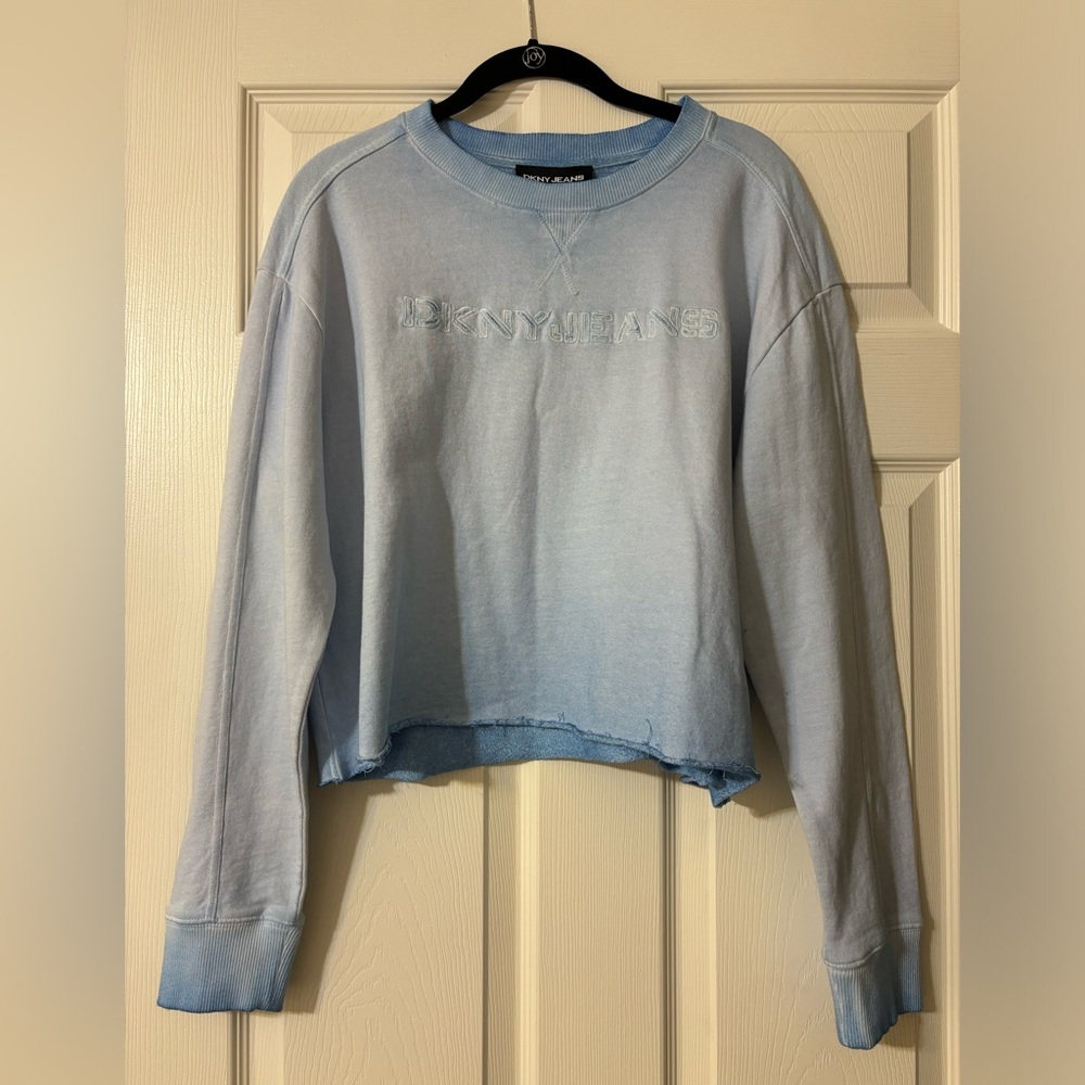 DKNY Cropped Ombré Raw Hem Pullover, Sky Blue M